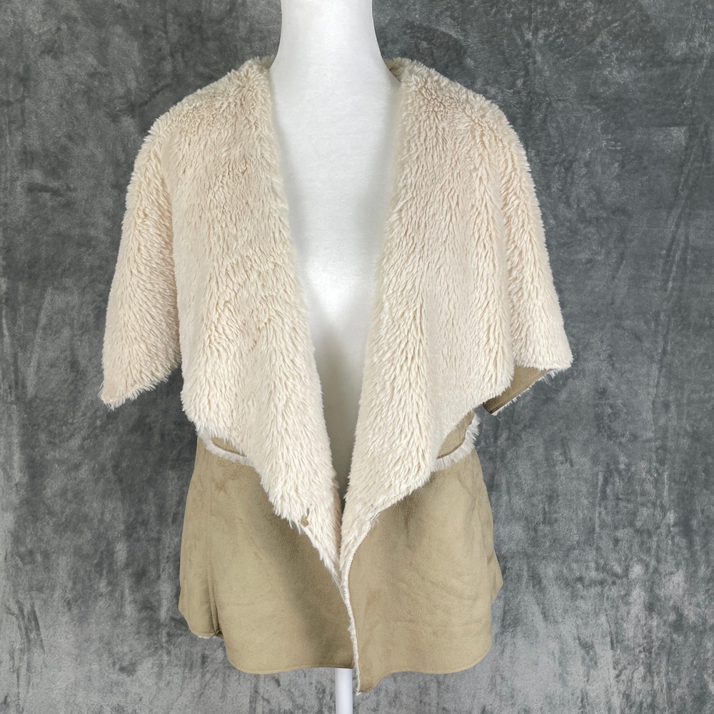 Quinn Faux Shearling Vest Women Small Tan Good Open Front Short Sleeve 8752rfr